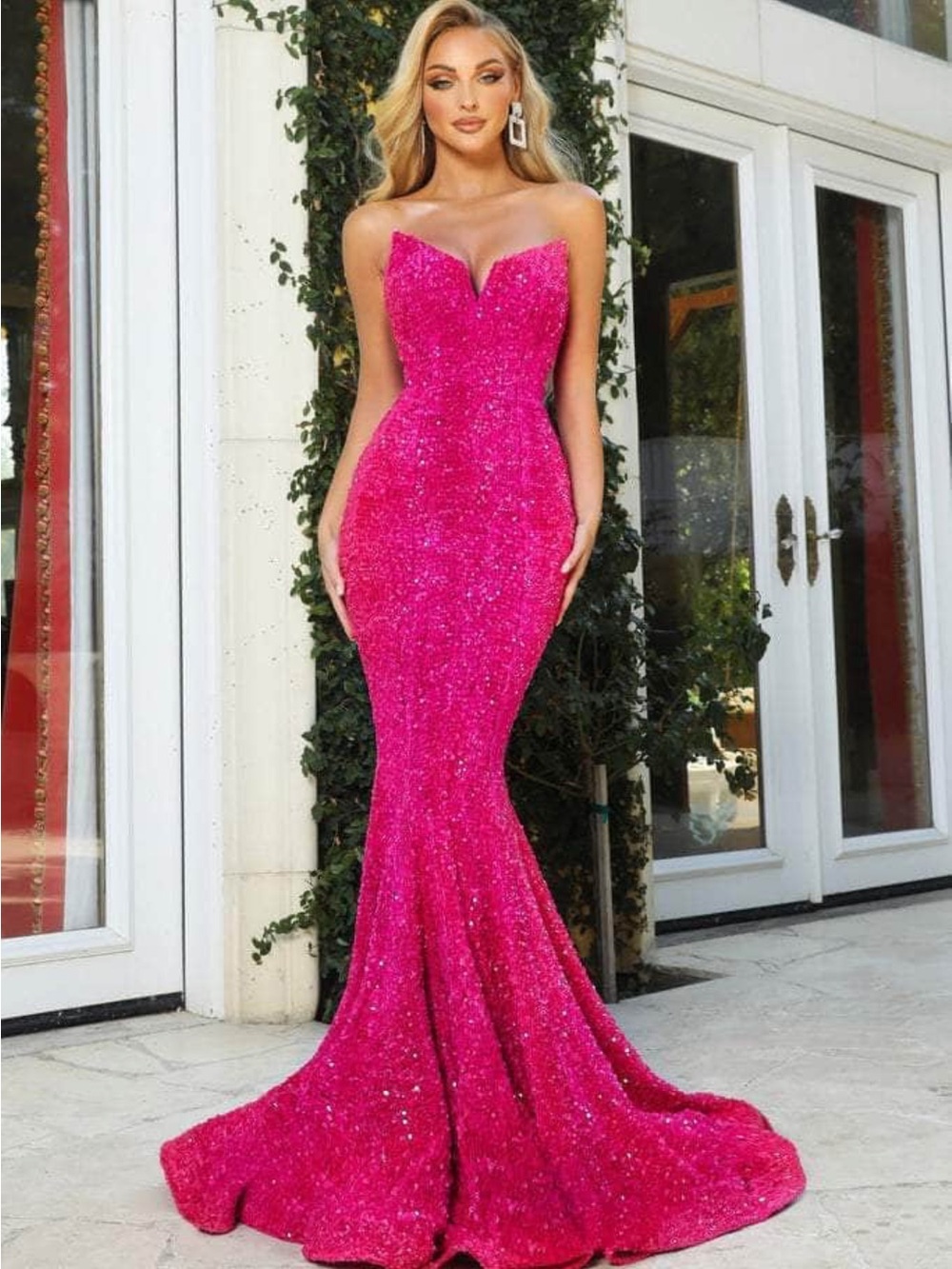 Portia and Scarlett - PS21208 Strapless V-Neck Sequin Gown in Hot Pink